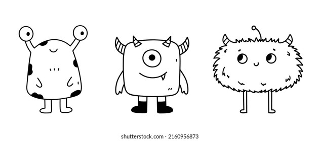 Conjunto de monstruos lindos y divertidos aislados en el fondo blanco. Ilustración de vectores dibujada a mano en estilo doodle. Perfecto para diseños de Halloween, tarjetas, logo, decoraciones. Personajes de caricatura.
