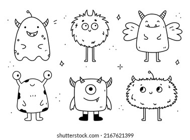 Conjunto de monstruos lindos y divertidos aislados en el fondo blanco. Ilustración de vectores dibujada a mano en estilo doodle. Perfecto para diseños de Halloween, tarjetas, logo, decoraciones. Personajes de caricatura.