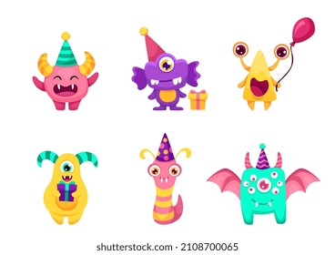 Conjunto de monstruos lindos y graciosos para tu diseño de cumpleaños con globos, sombreros de fiesta y regalos. Ilustración infantil de dibujos animados