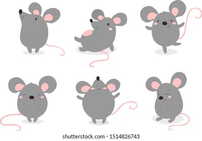 Set of cute funny mouses in different poses in cartoon style. Vector illustration.
