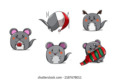 Set of cute funny mouses in different poses in cartoon style. Happy New Year greeting card with cute rat,