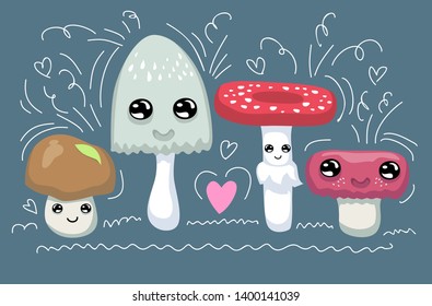 Set with cute funny mushrooms in doodle and cartoon style