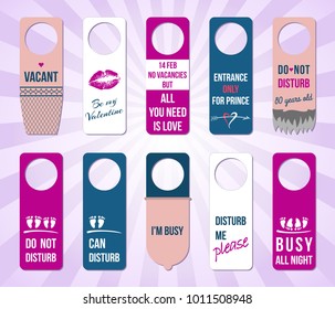 Set of cute funny notes on door, st. Valentine's day greeting cards collection for hotels, parties and other events. Vector illustration