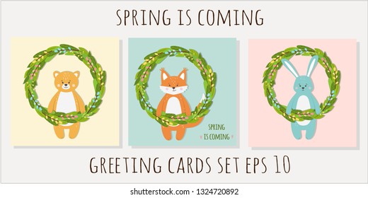 Set of cute funny orange fox, blue bear and pink hare animals