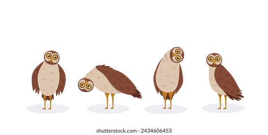 Set of cute funny owl with tilted leaned head. Vector illustration of cartoon forest night birds.