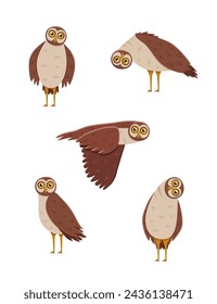 Set of cute funny owl with tilted leaned head, in flight. Vector illustration of cartoon forest night birds.