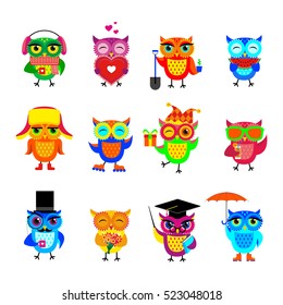 Set of cute funny owls of different bright colors. Vector illustration