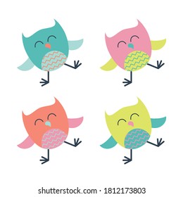 Set cute funny owls. Forest bird or animal. Decorative and style toy, doll. Wonderland. Magic, fabulous story. Isolated children s cartoon illustration, for print or sticker.