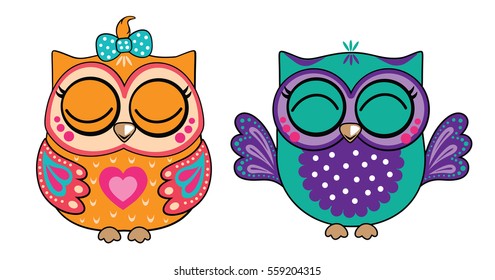 Set cute funny owls. Forest bird or animal. Decorative and style toy, doll. Wonderland. Magic, fabulous story. Isolated children's cartoon illustration, for print or sticker. White background. Vector.