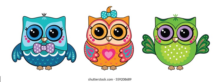 Set cute funny owls. Forest bird or animal. Decorative and style toy, doll. Wonderland. Magic, fabulous story. Isolated children's cartoon illustration, for print or sticker. White background. Vector.