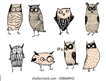 Set of cute and funny owls. Unusual original characters. Wild predatory night birds. Vector illustrations for child books, internet sites about wildlife and nature. Decorations.  Wise, weird creations