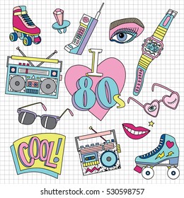 Set of cute funny patch badges in retro 80s style