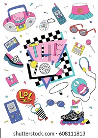 Set of cute funny patch badges in retro 90s style