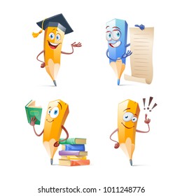 Set of cute funny pencil cartoon. Education concept
