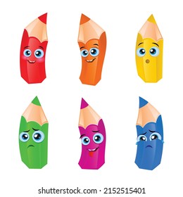 Set of cute funny pencil cartoon.
Funny pencil characters with smiling human faces. Humanized funny pencils decorate, wink, give well. Illustration isolated on a white background. 