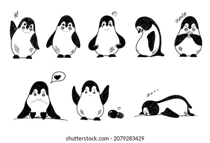 A set with cute funny penguins with different emotions, black and white illustrations in a hand-drawn style. Children's illustration with an animal for T-shirts, postcards, pajamas, posters.