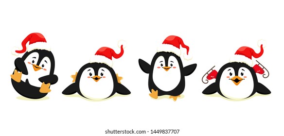 Set of cute and funny penguins in motion with red caps. Christmas penguins. Vector isolates on a white background.