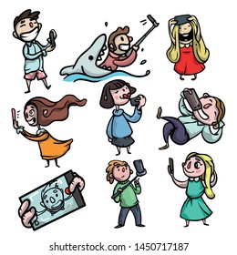 Set of cute and funny people characters that make selfie photo