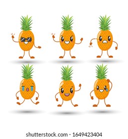 Conjunto de personajes adorables y divertidos de piña con caras felices, corriendo, saltando, señalando, bebiendo cócteles, ilustración vectorial de dibujos animados aislados en fondo blanco. Caracteres de piña, mascotas