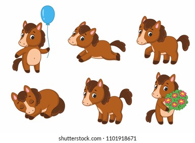 Set of cute funny pony. Little horse. Pegasus.Unicorn. Illustration for kids 