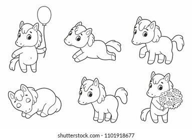 Set Of Cute Funny Pony. Little Horse. Pegasus.Unicorn. Illustration For Kids 