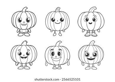 Set of cute funny pumpkin characters for coloring. Collection of pumpkins, sketch, outline drawing for coloring book