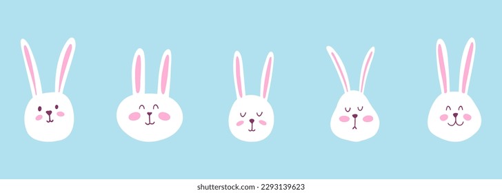 Set of cute funny rabbit face. Hand drawn vector Easter bunny face for card, kids design, print, logo, textile