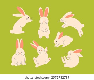 Set of cute funny rabbits in different poses