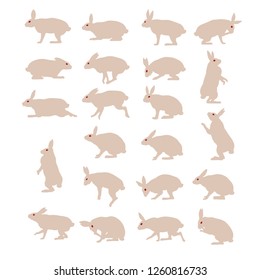 Set of cute funny rabbits silhouettes, sitting, standing, walking, jumping, laying and eating
