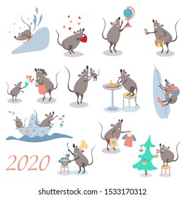 Set of cute funny rats celebrating different holidays.  Great for design of  calendars, posters and greeting cards. 2020