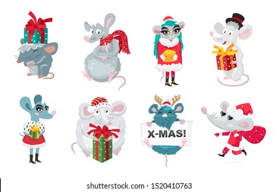 Set of cute funny rats with gift boxes. Symbol of the Chinese year 2020. Happy New Year and Merry Christmas. Holiday card. Vector illustration on white background. Elements for design.
