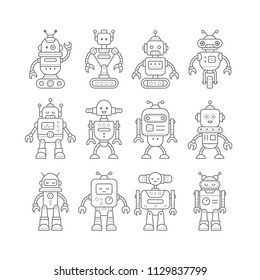 Set of cute funny robot characters in trendy line style. Vector illustration.