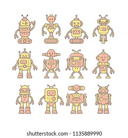 Set of cute funny robot characters in trendy line style. Vector illustration.