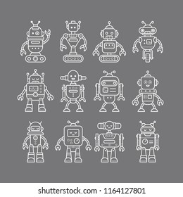 Set of cute funny robot characters in trendy line style. Vector illustration.