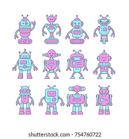 Set of cute funny robot characters in trendy line style. Vector illustration.