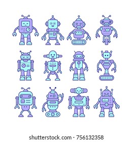 Set von süßen lustigen Roboterfiguren im trendigen Linienstil. Vektorgrafik.