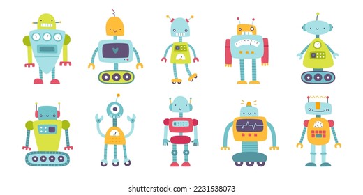 Set of cute funny robots for kids. Collection of flat vector childish robots. Naive colorful robots bundle.