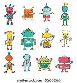 Set of cute funny robots on white background, vector illustration.