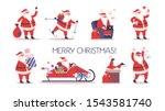 Set of cute funny Santa Claus in glasses celebrating Christmas and New Year. Happy Santa with bag and presents, skiing and having fun. Santa using a notebook. Modern Santa Claus. Flat illustration