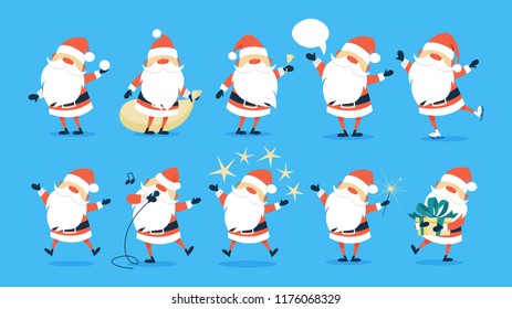 Set of cute funny Santa Claus celebrating Christmas and New Year. Happy Santa having fun. Flat vector illustration