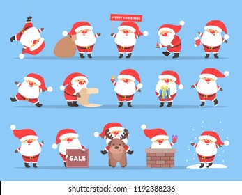 Set of cute funny Santa Claus in red clothes celebrating Christmas and New Year. Happy Santa with bag having fun. Flat vector illustration