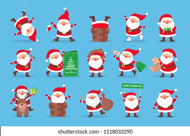 Set of cute funny Santa Claus in glasses celebrating Christmas and New Year. Happy Santa with bag having fun. Flat illustration