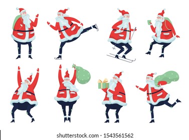 Set of cute funny Santa Claus in glasses celebrating Christmas and New Year. Happy Santa with bag and presents, skiing, skating and having fun. Flat illustration
