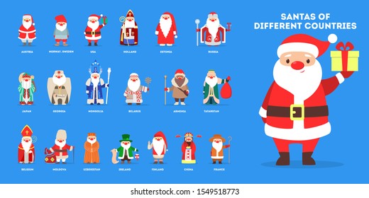 Set of cute funny Santa Claus wearing national costumes. Santa Claus in different countries all over the world. Kinds of traditinoal winter character. Flat vector illustration