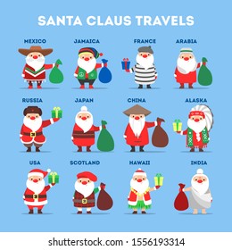 Set of cute funny Santa Claus wearing national costumes. Santa Claus in different countries all over the world. Kinds of traditinoal winter character. Flat vector illustration