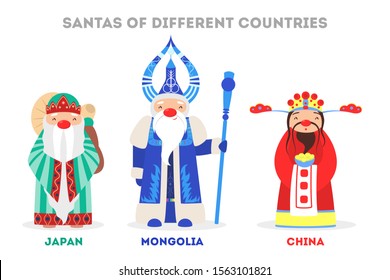 Set of cute funny Santa Claus wearing national costumes. Santa Claus in different countries all over the world. Kinds of traditinoal winter character. Flat vector illustration