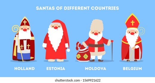 Set of cute funny Santa Claus wearing national costumes. Santa Claus in different countries all over the world. Kinds of traditinoal winter character. Flat vector illustration
