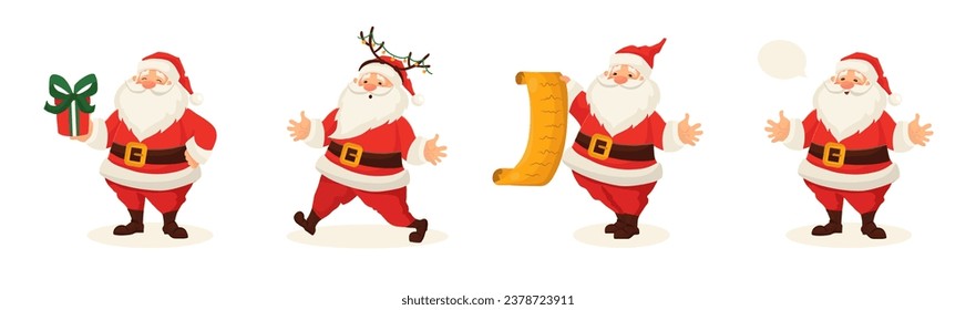 Set of cute funny Santa Claus characters with gift in different poses, emotions, holiday situations isolated on white background. Christmas holiday vector illustration in flat cartoon style