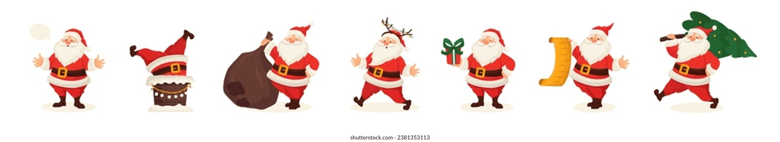 Set süße lustige Weihnachtsfiguren mit Geschenk, Tasche und Weihnachtsbaum in verschiedenen Posen, Emotionen, Feiertagssituationen. Weihnachtsferien-Vektorgrafik im flachen Cartowierungsstil