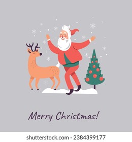 Set of cute funny Santa Claus in glasses celebrating Christmas and New Year. Happy Santa with bag and presents, skiing and having fun. Santa using a notebook. Modern Santa Claus. Flat illustration 